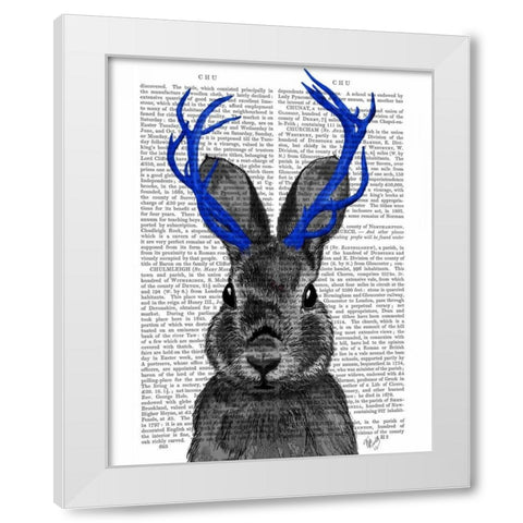 Jackalope with Blue Antlers White Modern Wood Framed Art Print by Fab Funky