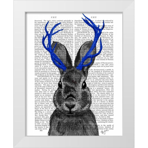 Jackalope with Blue Antlers White Modern Wood Framed Art Print by Fab Funky