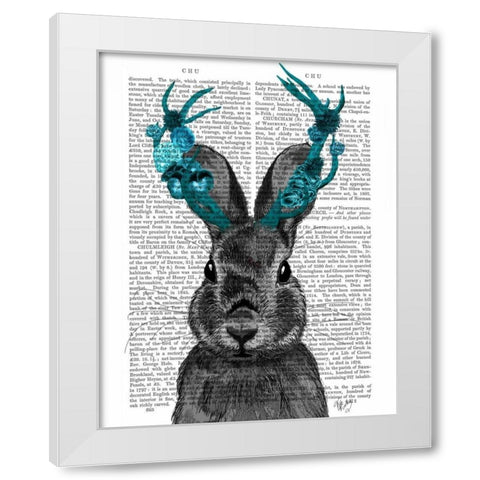 Jackalope with Turquoise Antlers White Modern Wood Framed Art Print by Fab Funky