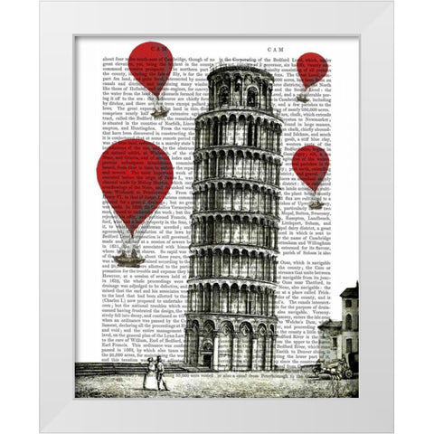 Tower of Pisa and Red Hot Air Balloons White Modern Wood Framed Art Print by Fab Funky