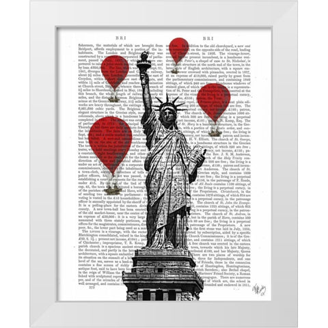 Statue Of Liberty and Red Hot Air Balloons White Modern Wood Framed Art Print by Fab Funky