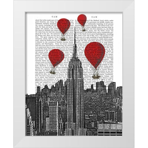 Empire State Building and Red Hot Air Balloons White Modern Wood Framed Art Print by Fab Funky