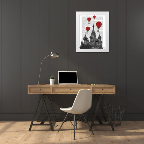 St Basils Cathedral and Red Hot Air Balloons White Modern Wood Framed Art Print by Fab Funky