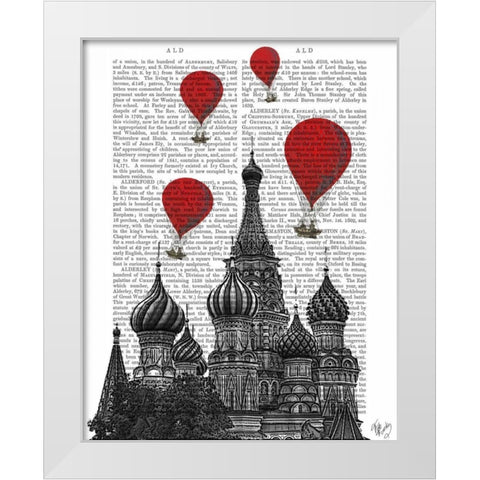 St Basils Cathedral and Red Hot Air Balloons White Modern Wood Framed Art Print by Fab Funky