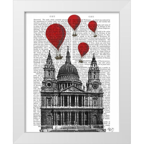 St Pauls Cathedral and Red Hot Air Balloons White Modern Wood Framed Art Print by Fab Funky