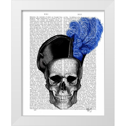 Skull with Blue Hat White Modern Wood Framed Art Print by Fab Funky