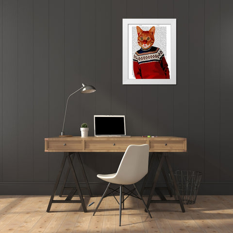 Cat in Ski Sweater White Modern Wood Framed Art Print by Fab Funky