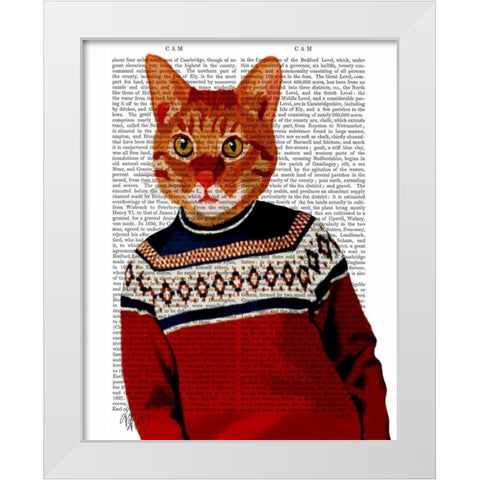 Cat in Ski Sweater White Modern Wood Framed Art Print by Fab Funky