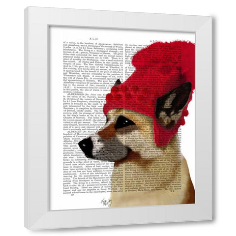 German Shepherd in Red Woolly Hat White Modern Wood Framed Art Print by Fab Funky