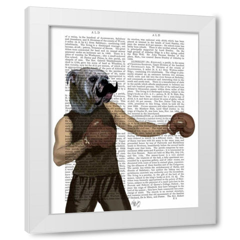 Boxing Bulldog Portrait White Modern Wood Framed Art Print by Fab Funky