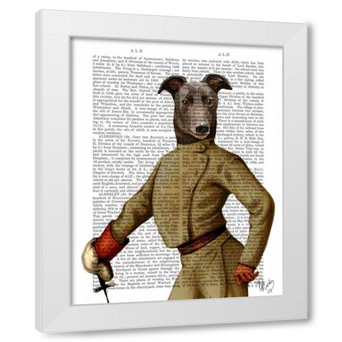Greyhound Fencer Dark Portrait White Modern Wood Framed Art Print by Fab Funky