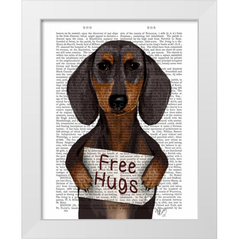 Dachshund Free Hugs White Modern Wood Framed Art Print by Fab Funky