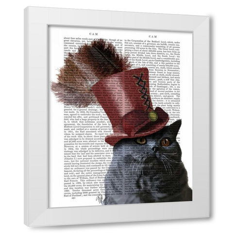 Grey Cat With Steampunk Top Hat White Modern Wood Framed Art Print by Fab Funky