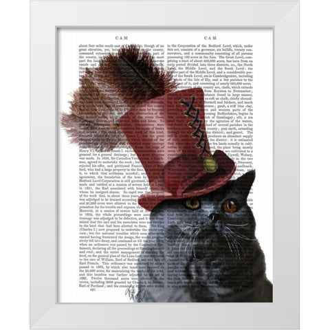 Grey Cat With Steampunk Top Hat White Modern Wood Framed Art Print by Fab Funky