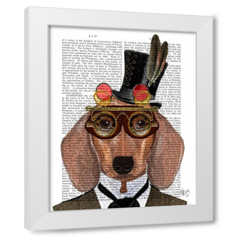 Dachshund with Top Hat and Goggles White Modern Wood Framed Art Print by Fab Funky