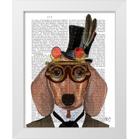 Dachshund with Top Hat and Goggles White Modern Wood Framed Art Print by Fab Funky