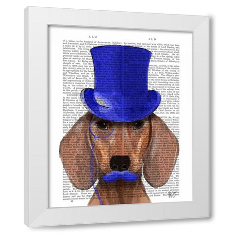Dachshund With Blue Top Hat and Blue Moustache White Modern Wood Framed Art Print by Fab Funky
