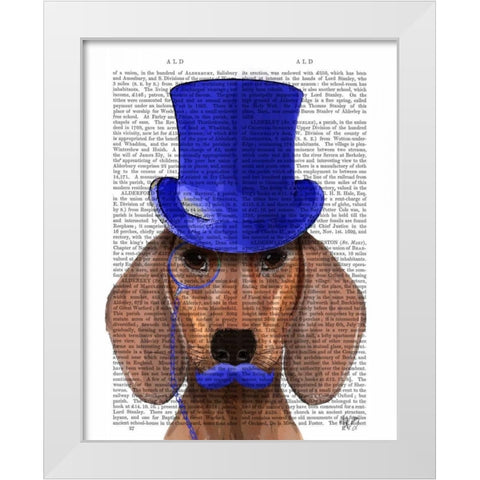 Dachshund With Blue Top Hat and Blue Moustache White Modern Wood Framed Art Print by Fab Funky