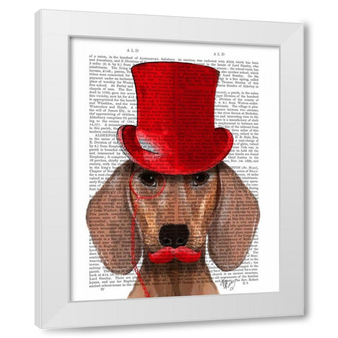 Dachshund With Red Top Hat and Moustache White Modern Wood Framed Art Print by Fab Funky