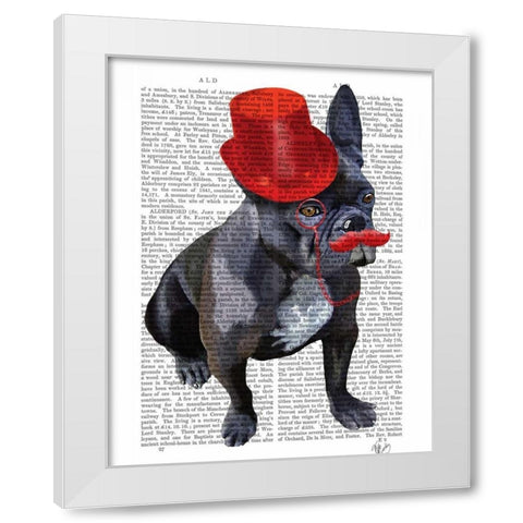French Bulldog With Red Top Hat and Moustache White Modern Wood Framed Art Print by Fab Funky