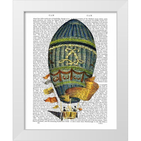 Blue Cylindrical Hot Air Balloon White Modern Wood Framed Art Print by Fab Funky