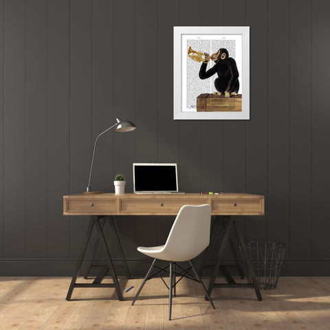 Monkey Playing Trumpet White Modern Wood Framed Art Print by Fab Funky