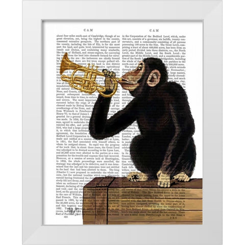 Monkey Playing Trumpet White Modern Wood Framed Art Print by Fab Funky