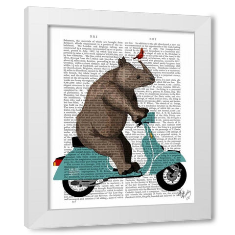 Rhino on Moped White Modern Wood Framed Art Print by Fab Funky