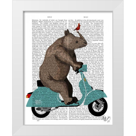 Rhino on Moped White Modern Wood Framed Art Print by Fab Funky