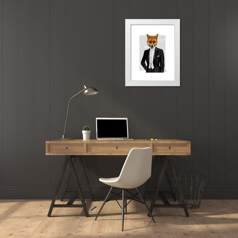 Fox In Evening Suit Portrait White Modern Wood Framed Art Print by Fab Funky