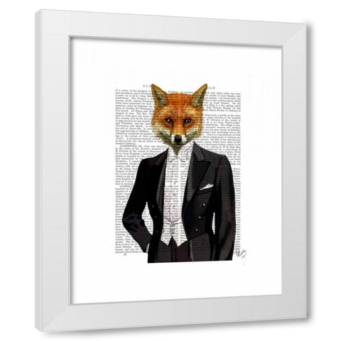 Fox In Evening Suit Portrait White Modern Wood Framed Art Print by Fab Funky