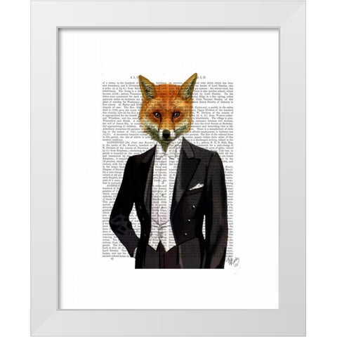 Fox In Evening Suit Portrait White Modern Wood Framed Art Print by Fab Funky