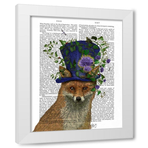 Fox Mad Hatter White Modern Wood Framed Art Print by Fab Funky