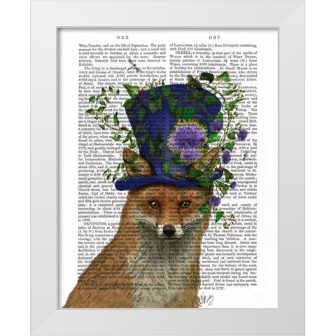 Fox Mad Hatter White Modern Wood Framed Art Print by Fab Funky