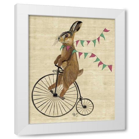 Rabbit On Penny Farthing White Modern Wood Framed Art Print by Fab Funky