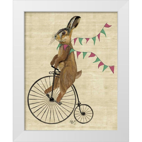 Rabbit On Penny Farthing White Modern Wood Framed Art Print by Fab Funky