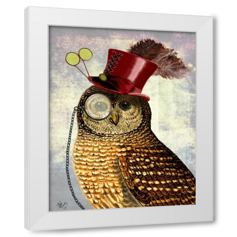 Owl With Top Hat White Modern Wood Framed Art Print by Fab Funky