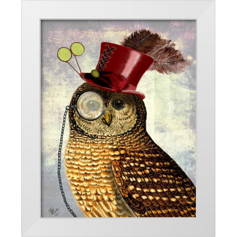 Owl With Top Hat White Modern Wood Framed Art Print by Fab Funky