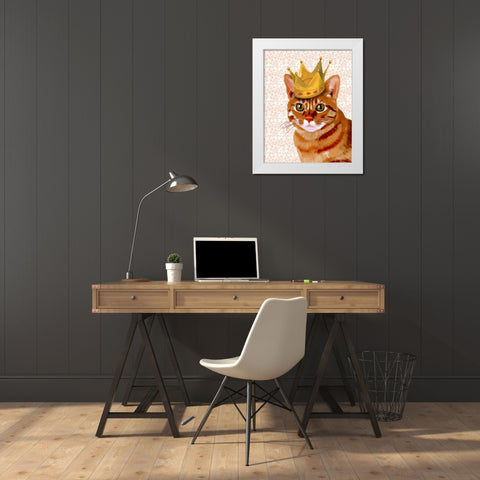 Ginger Cat with Crown Portrait White Modern Wood Framed Art Print by Fab Funky