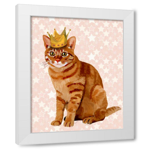 Ginger Cat with Crown Full White Modern Wood Framed Art Print by Fab Funky