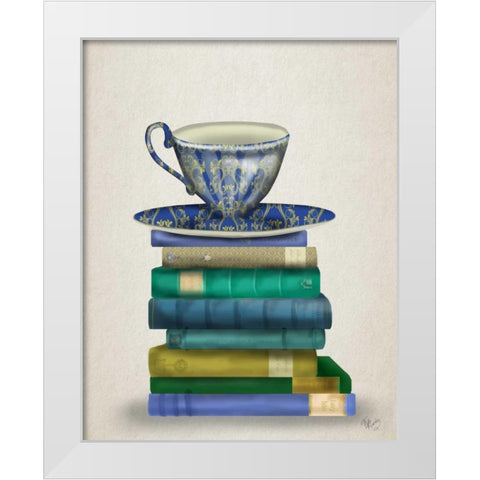 Teacup and Books White Modern Wood Framed Art Print by Fab Funky