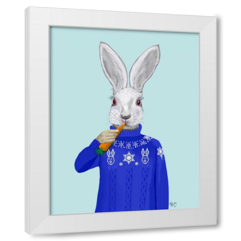 Rabbit In Sweater White Modern Wood Framed Art Print by Fab Funky