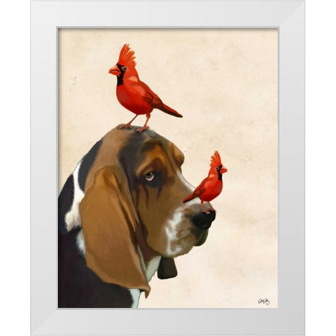 Basset Hound and Birds White Modern Wood Framed Art Print by Fab Funky