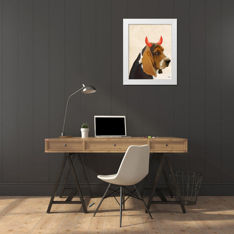 Little Devil Basset Hound White Modern Wood Framed Art Print by Fab Funky