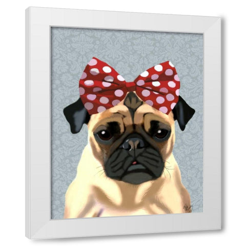 Pug with Red Spotty Bow On Head White Modern Wood Framed Art Print by Fab Funky