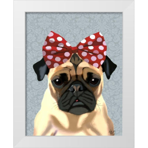 Pug with Red Spotty Bow On Head White Modern Wood Framed Art Print by Fab Funky