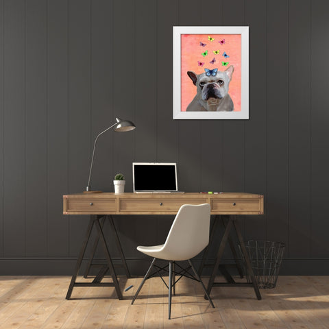 White French Bulldog and Butterflies White Modern Wood Framed Art Print by Fab Funky