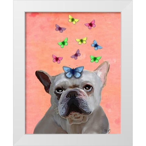 White French Bulldog and Butterflies White Modern Wood Framed Art Print by Fab Funky