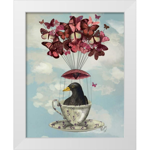Blackbird In Teacup White Modern Wood Framed Art Print by Fab Funky