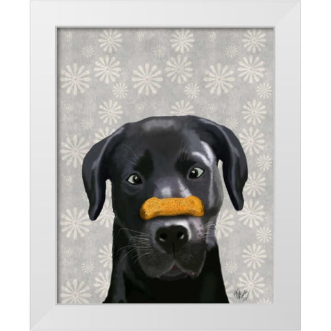 Black Labrador With Bone on Nose White Modern Wood Framed Art Print by Fab Funky